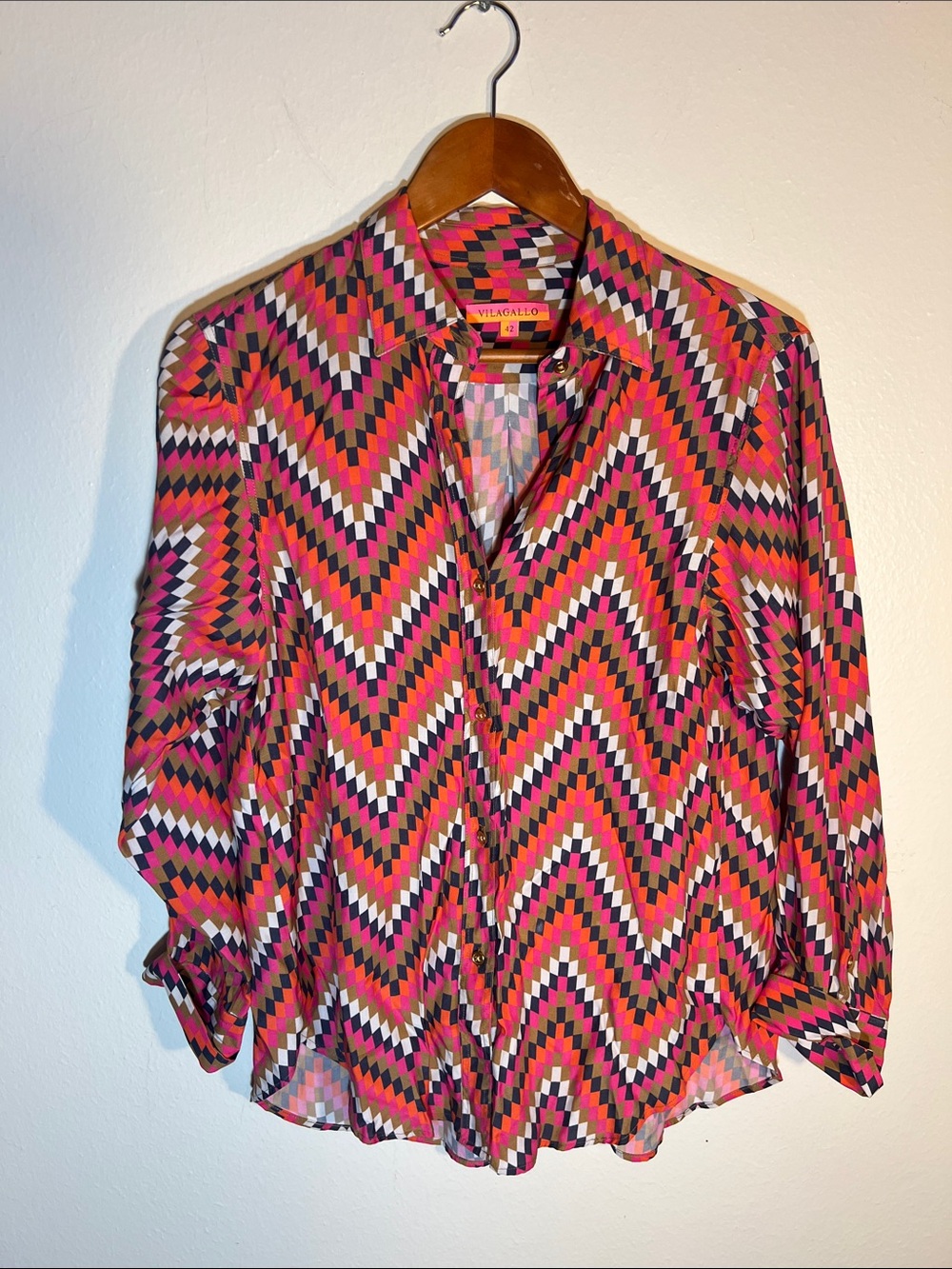 Vilagallo Pink Orange Brown Chevron Diamond Geometric Print Button Front Shirt M